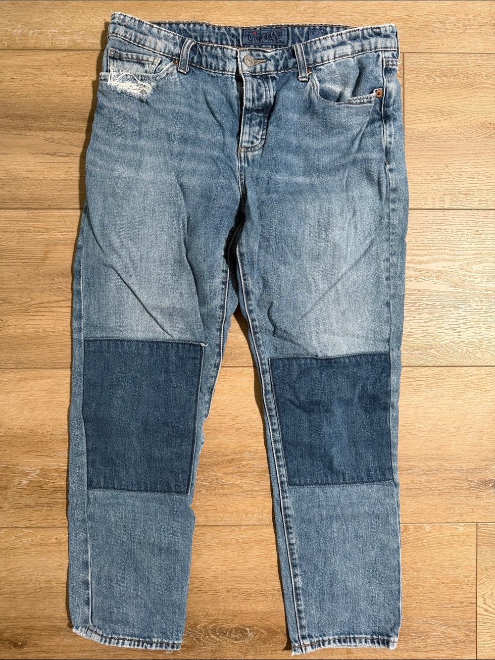 Lucky Brand Two-Tone Blue Patch Ankle Jeans 6 28”
